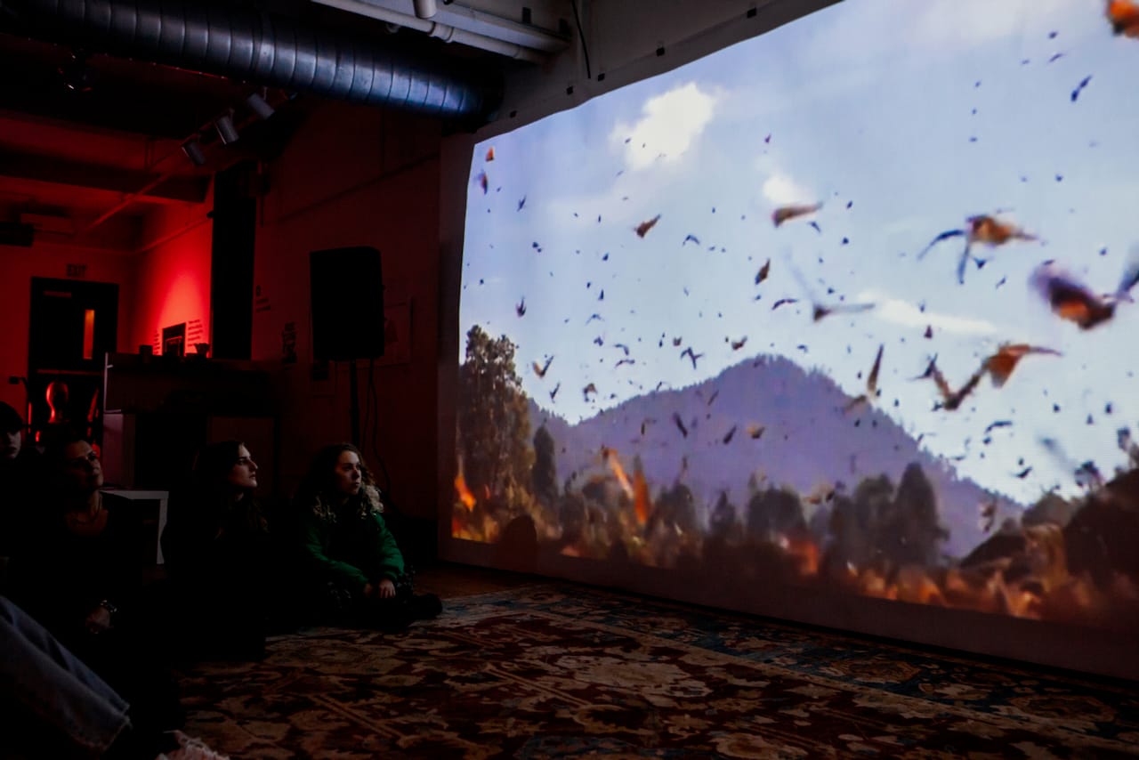A projection installation in the gallery, with an audience watching.