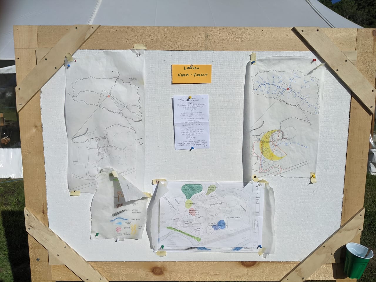 A hand-drawn site design plan showing property, water, zones, and plantings.
