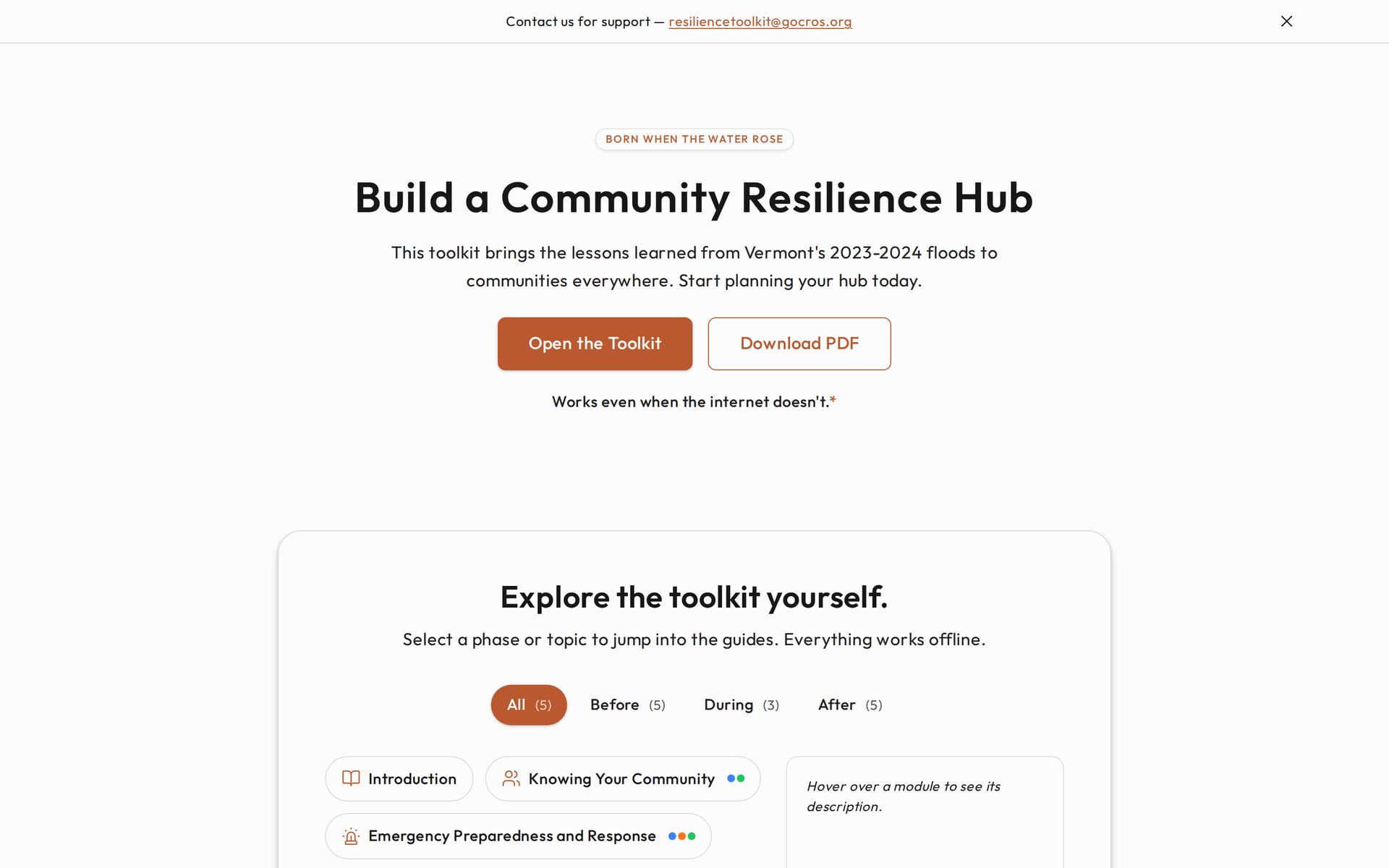 The resiliencetoolkit.org homepage: Build a Community Resilience Hub, with the phase navigation and module explorer.